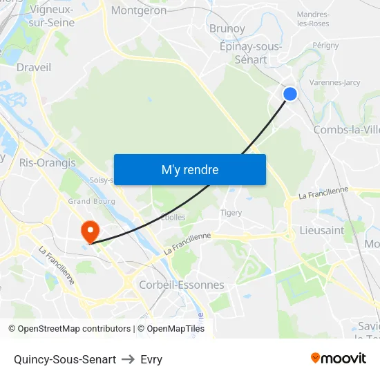 Quincy-Sous-Senart to Evry map