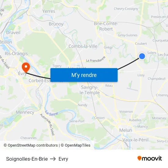 Soignolles-En-Brie to Evry map