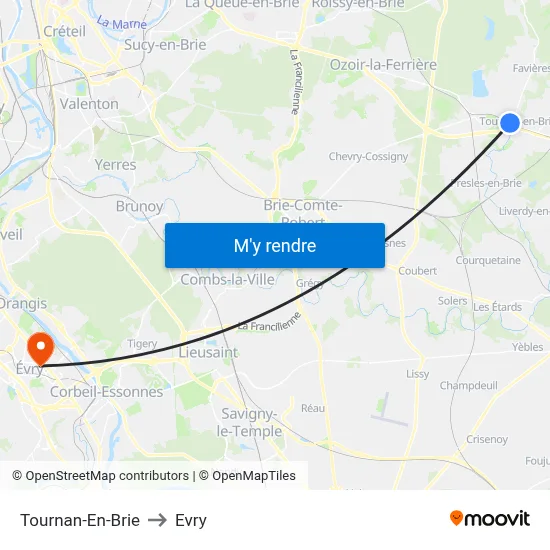 Tournan-En-Brie to Evry map