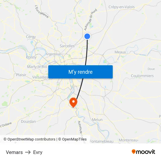 Vemars to Evry map