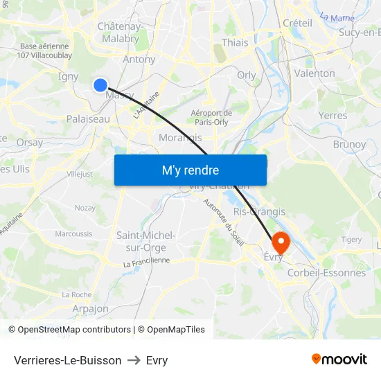 Verrieres-Le-Buisson to Evry map