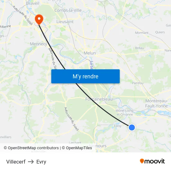 Villecerf to Evry map