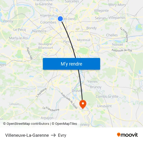 Villeneuve-La-Garenne to Evry map
