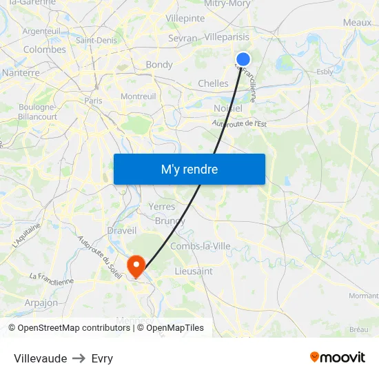 Villevaude to Evry map