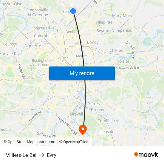 Villiers-Le-Bel to Evry map