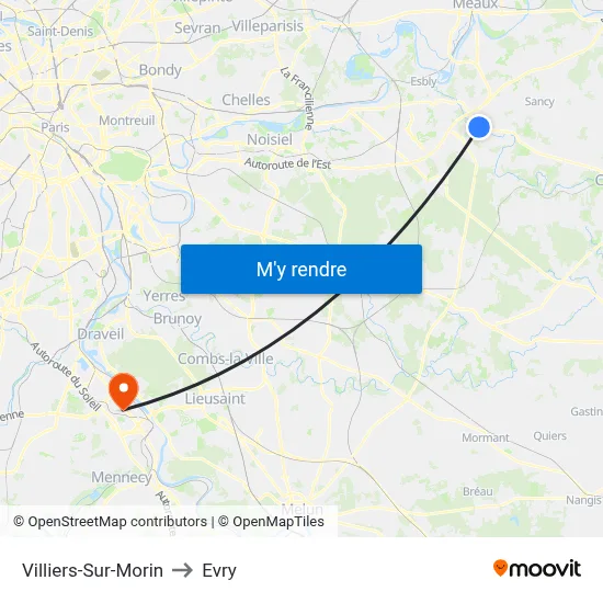 Villiers-Sur-Morin to Evry map