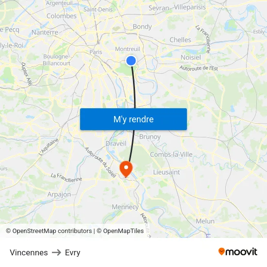Vincennes to Evry map