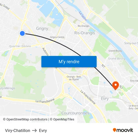 Viry-Chatillon to Evry map