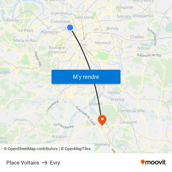 Place Voltaire to Evry map