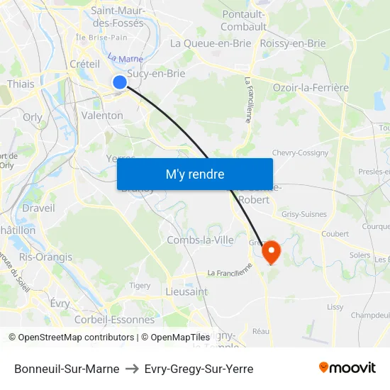Bonneuil-Sur-Marne to Evry-Gregy-Sur-Yerre map