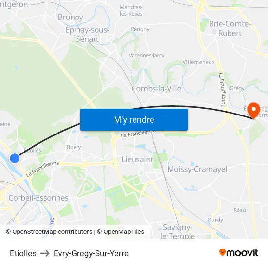 Etiolles to Evry-Gregy-Sur-Yerre map