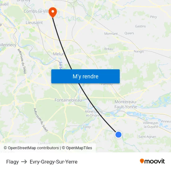 Flagy to Evry-Gregy-Sur-Yerre map