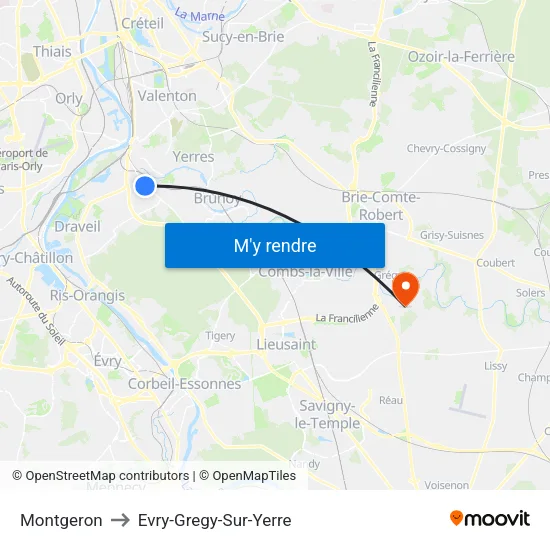 Montgeron to Evry-Gregy-Sur-Yerre map