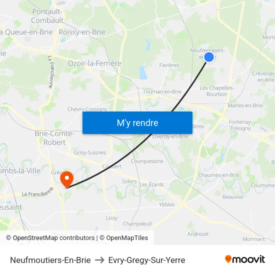 Neufmoutiers-En-Brie to Evry-Gregy-Sur-Yerre map
