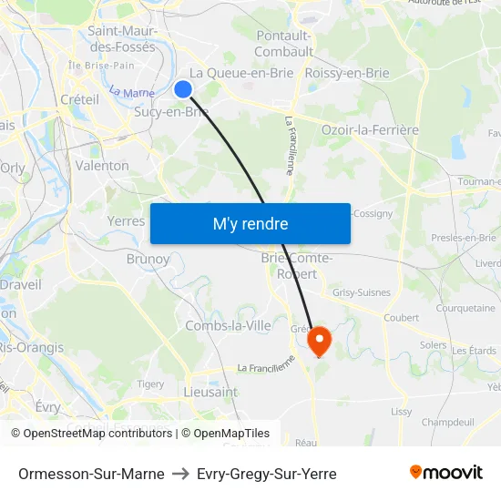 Ormesson-Sur-Marne to Evry-Gregy-Sur-Yerre map
