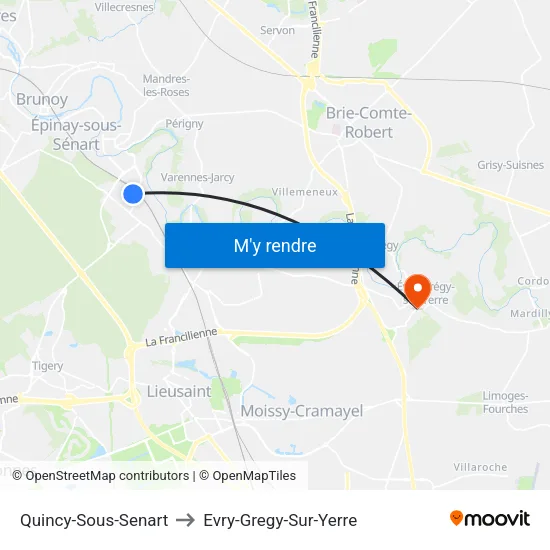 Quincy-Sous-Senart to Evry-Gregy-Sur-Yerre map