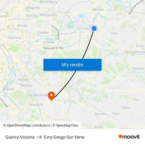 Quincy-Voisins to Evry-Gregy-Sur-Yerre map