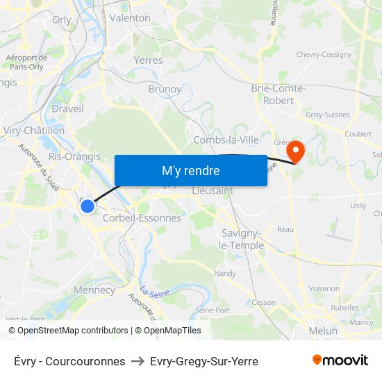Évry - Courcouronnes to Evry-Gregy-Sur-Yerre map