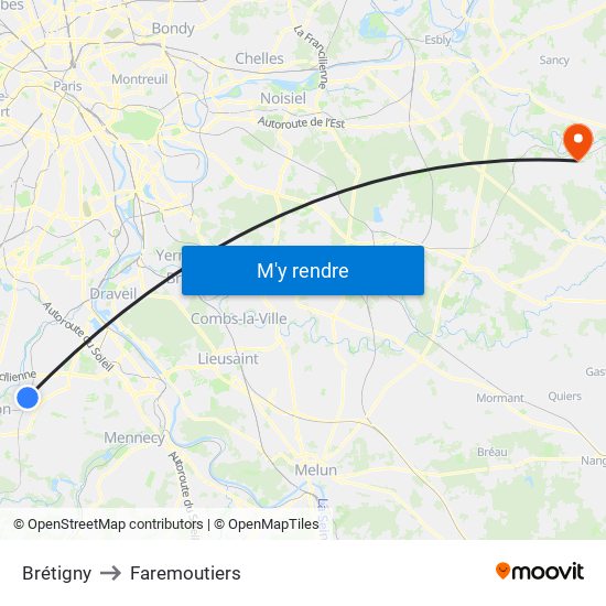 Brétigny to Faremoutiers map