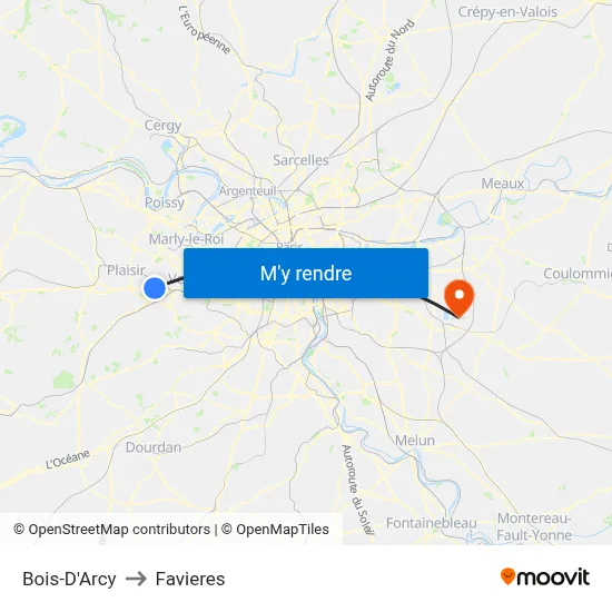 Bois-D'Arcy to Favieres map