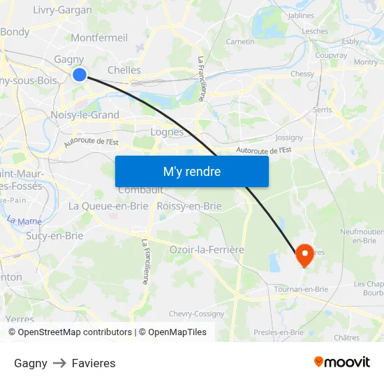Gagny to Favieres map