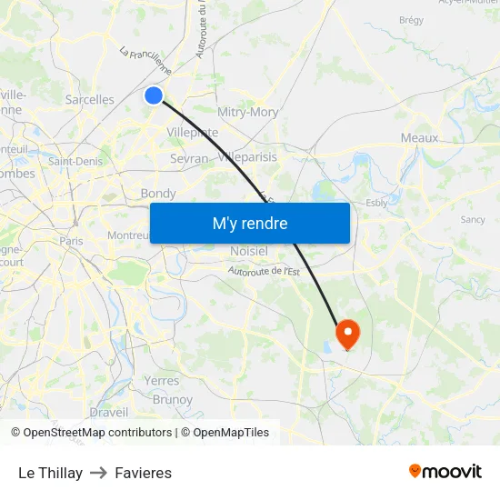 Le Thillay to Favieres map