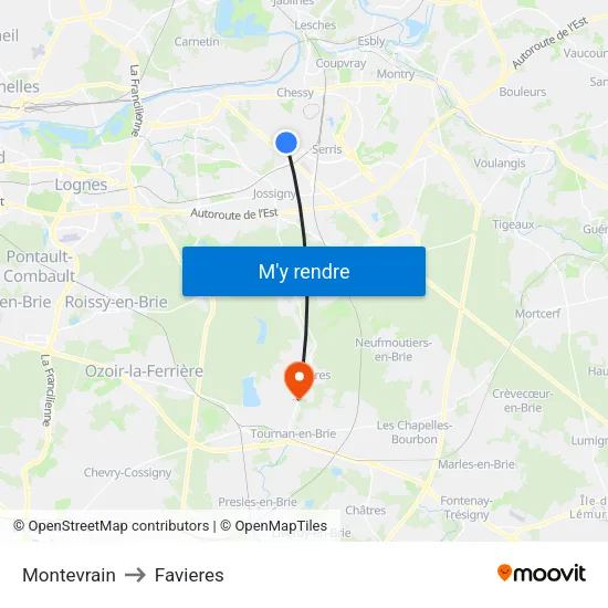 Montevrain to Favieres map