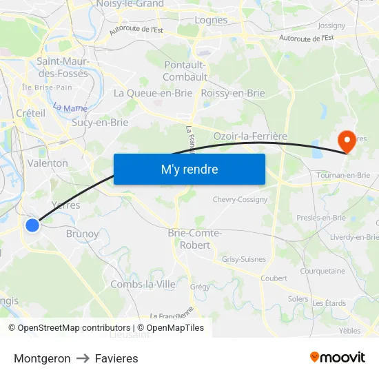 Montgeron to Favieres map