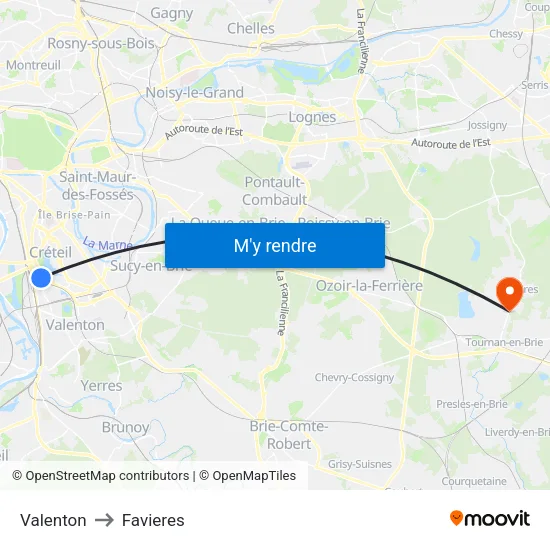 Valenton to Favieres map