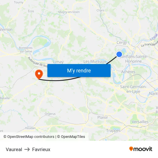 Vaureal to Favrieux map