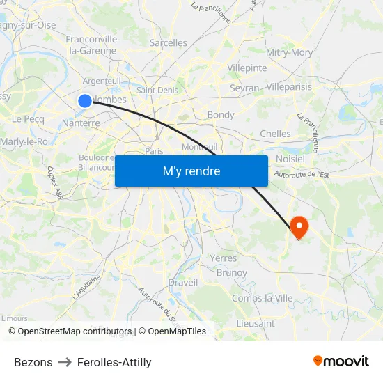Bezons to Ferolles-Attilly map