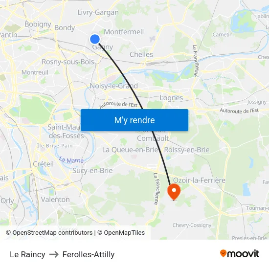 Le Raincy to Ferolles-Attilly map