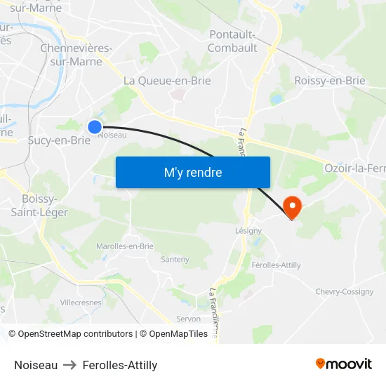 Noiseau to Ferolles-Attilly map
