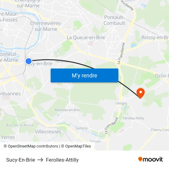 Sucy-En-Brie to Ferolles-Attilly map