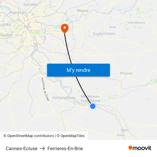 Cannes-Ecluse to Ferrieres-En-Brie map