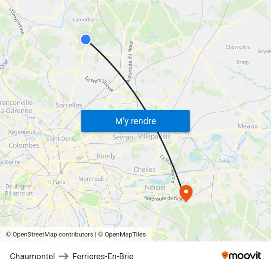Chaumontel to Ferrieres-En-Brie map