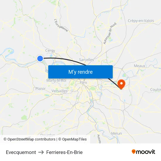 Evecquemont to Ferrieres-En-Brie map