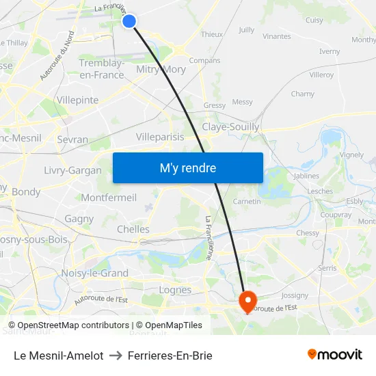 Le Mesnil-Amelot to Ferrieres-En-Brie map