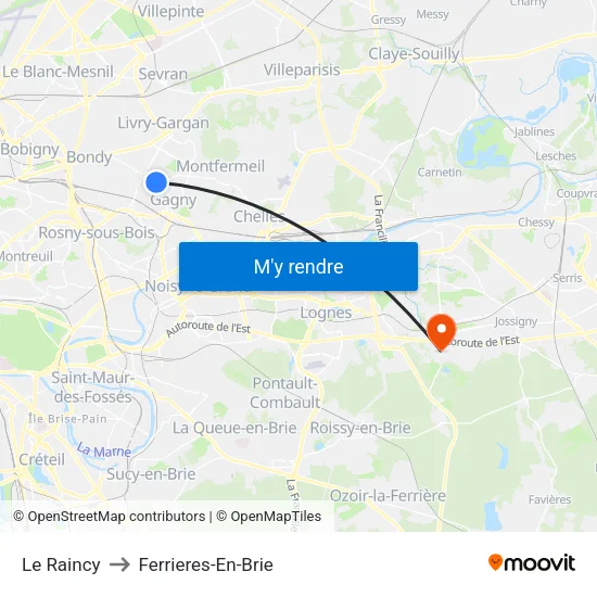 Le Raincy to Ferrieres-En-Brie map