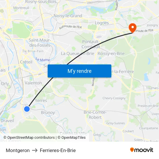 Montgeron to Ferrieres-En-Brie map
