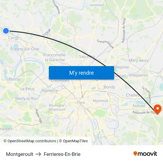 Montgeroult to Ferrieres-En-Brie map