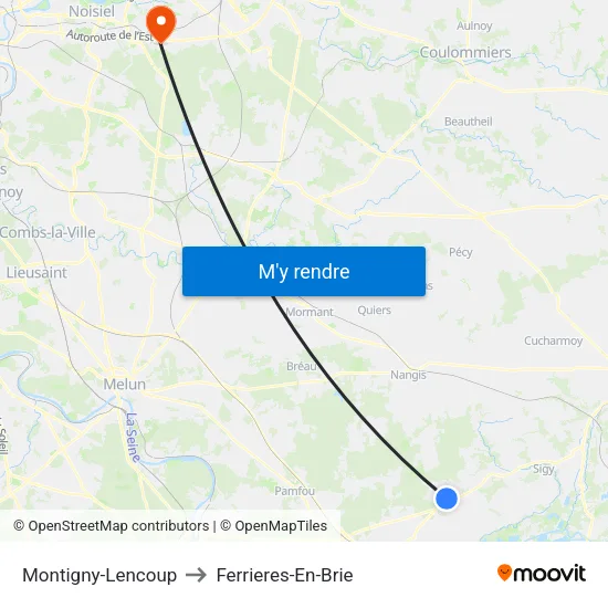 Montigny-Lencoup to Ferrieres-En-Brie map