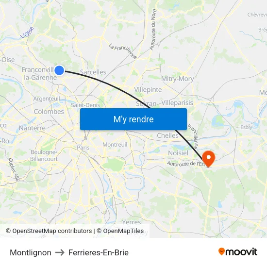 Montlignon to Ferrieres-En-Brie map