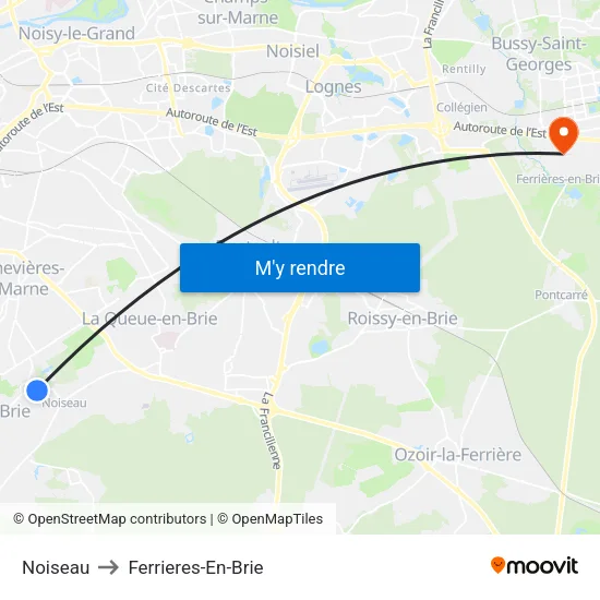 Noiseau to Ferrieres-En-Brie map