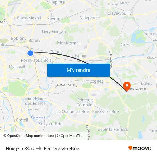 Noisy-Le-Sec to Ferrieres-En-Brie map