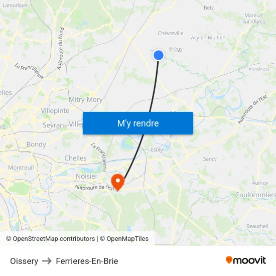 Oissery to Ferrieres-En-Brie map