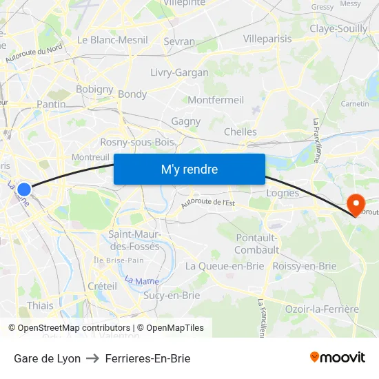 Gare de Lyon to Ferrieres-En-Brie map