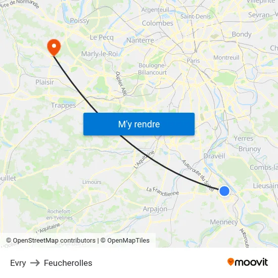 Evry to Feucherolles map