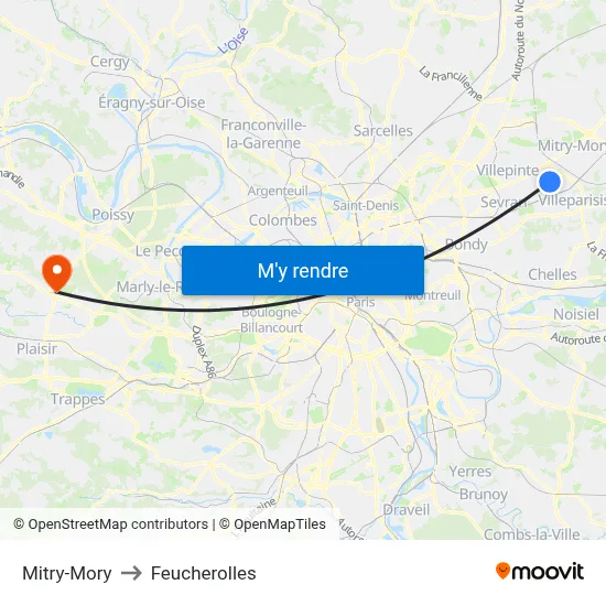 Mitry-Mory to Feucherolles map