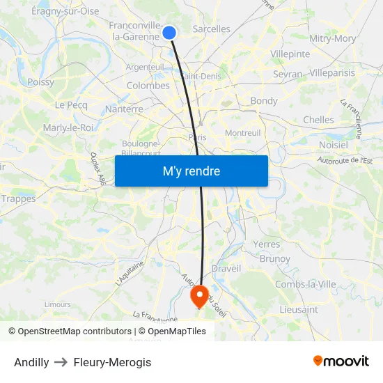 Andilly to Fleury-Merogis map